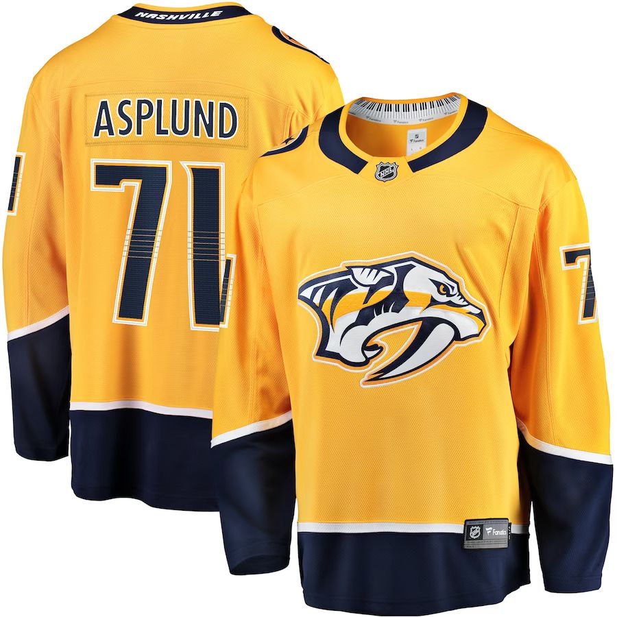 Men Nashville Predators #71 Rasmus Asplund Fanatics Branded Gold Home Breakaway NHL Jersey